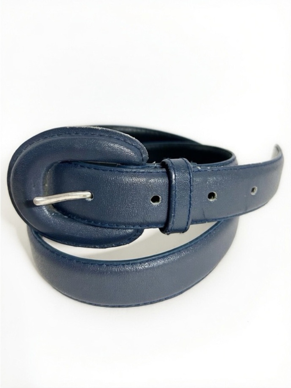 Vintage Unbranded Navy Blue Leather Belt Split Leather Covered Buckle size S/M